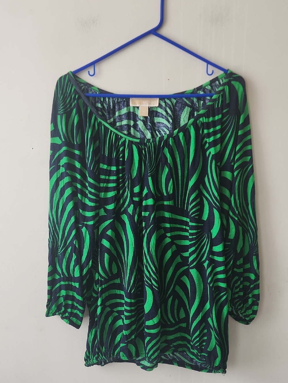 Michael Kors Green and Black Abstract Wave Peasant Blouse